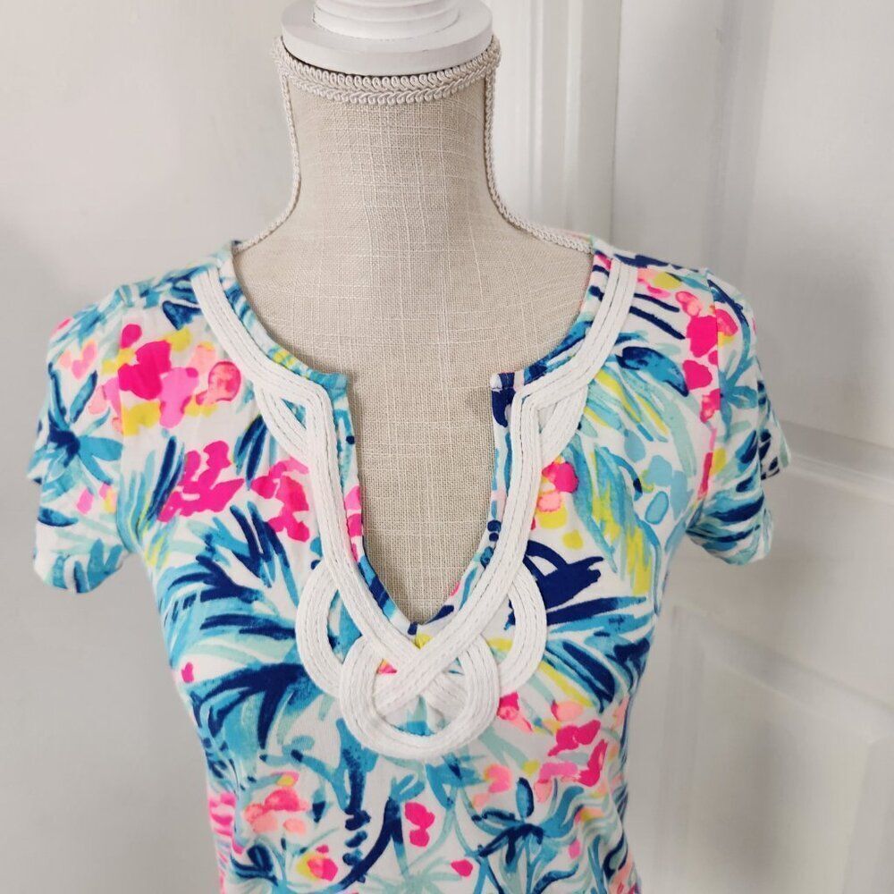 Lilly Pulitzer Top Womens XS Brewster Serene Blue Tippy Tropical Resort Cruise - Picture 2 of 12